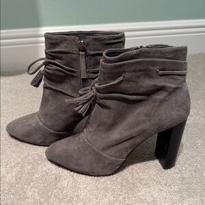 White House Black Market Gray Suede Ankle Booties with Tassel Tie